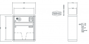 RENZ Briefkastenanlage Aufputz RS2000 Kastenformat 370x330x145mm, mit Klingel - & Lichttaster und Vorbereitung Gegensprechanlage, 1-teilig, Renz Nummer 10-0-35930